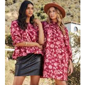 SUGARLIPS Rowena Mulberry Ruffled Floral Shift Dress Wine Cotton D215PA Medium M